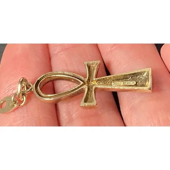 Vintage 1970’s Gold Plated .925 Sterling Silver Ankh Pendant Cross Italy Enamel - Picture 11 of 14